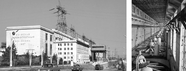 Fachada e interior de la sala de máquinas de la Hidroeléctrica V. I. Lenin